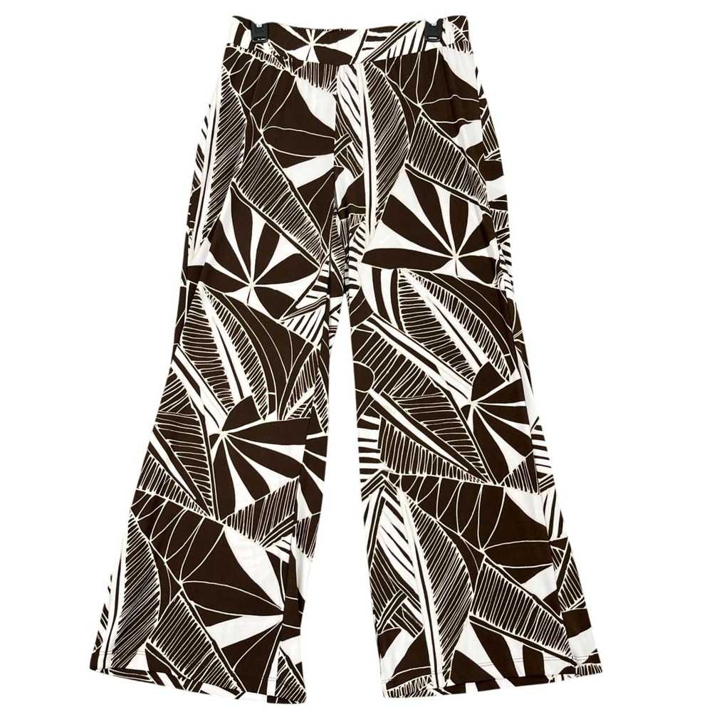 Chicos Travelers Wide‎ Leg Pant Womens M Brown White Tropical Leaf Print Travel